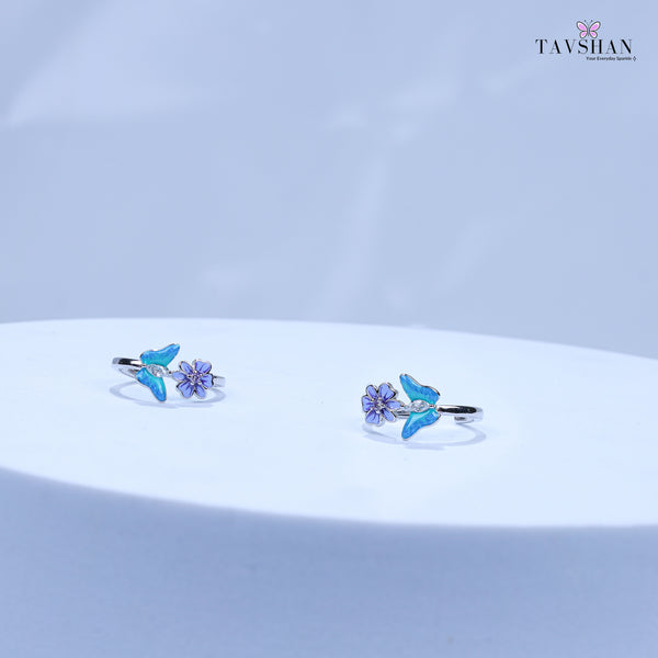 925 Sterling Silver Adjustable Toe Ring – Blue Enamel Leaf & Purple Flower with Sparkling Stone