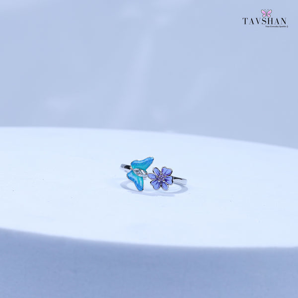 925 Sterling Silver Adjustable Toe Ring – Blue Enamel Leaf & Purple Flower with Sparkling Stone