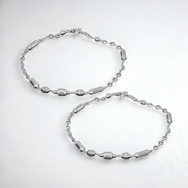 925 Sterling Silver Twisted & Hammered Bead Anklet Pair for Women | 925 Sterling Silver Payal
