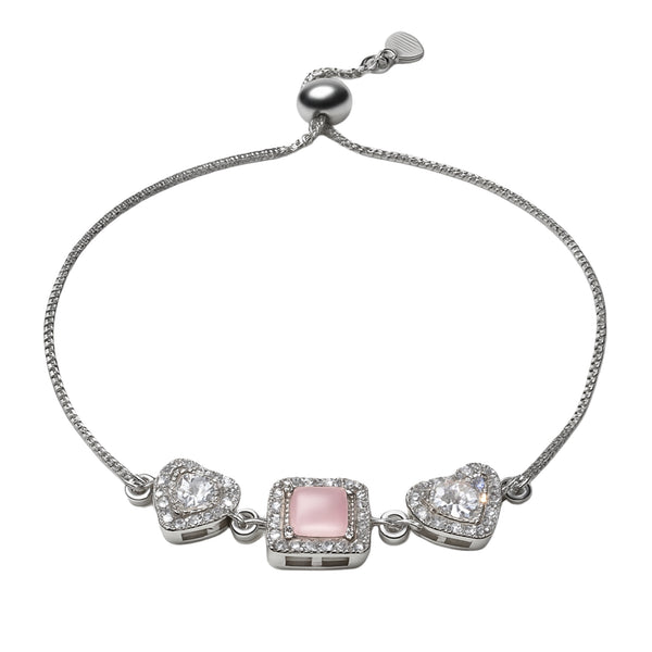 925 Sterling Silver Pink Stone & Heart CZ Halo Bracelet