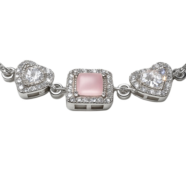 925 Sterling Silver Pink Stone & Heart CZ Halo Bracelet