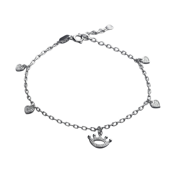 Silver Crown & Heart Charm Anklet