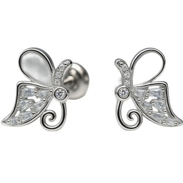 925 Sterling Silver Butterfly Design Stud Earrings with CZ Detailing