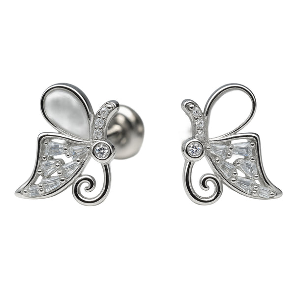 925 Sterling Silver Butterfly Design Stud Earrings with CZ Detailing