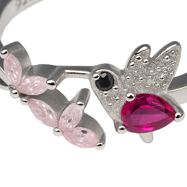 925 Sterling Silver Hummingbird & Floral Ring with Colorful Stones