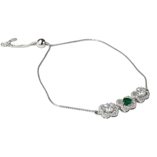 925 Sterling Silver Triple Floral CZ & Emerald Accent Bracelet