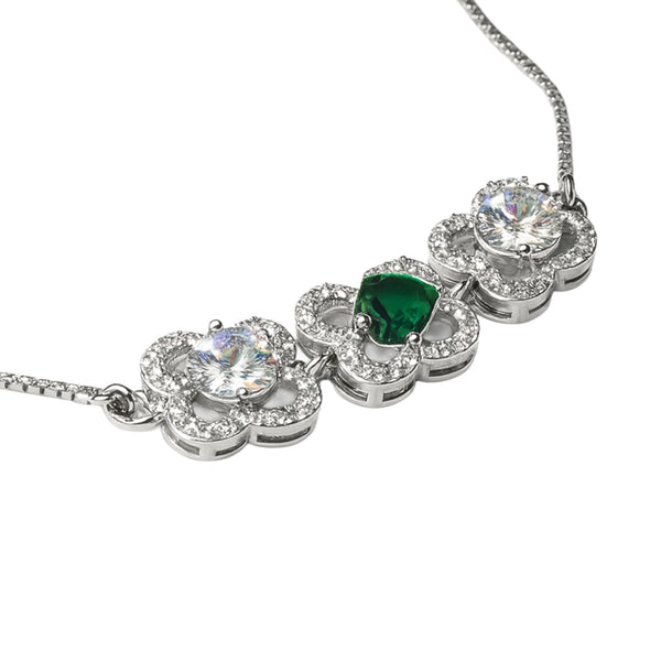 925 Sterling Silver Triple Floral CZ & Emerald Accent Bracelet