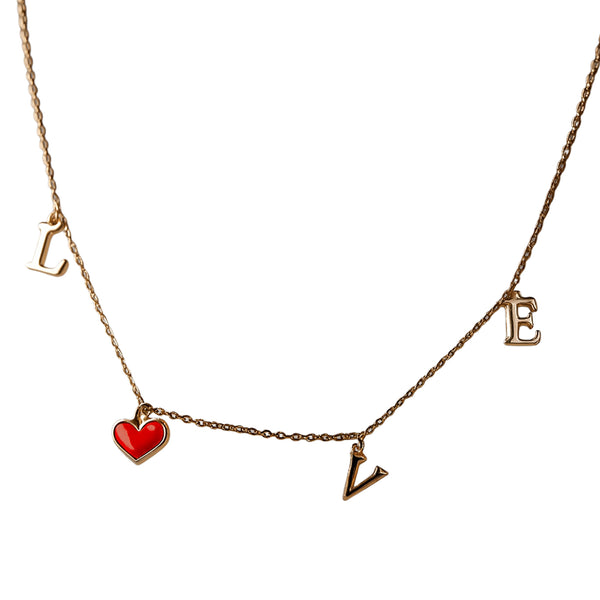 LOVE Charm Necklace in 925 Sterling Silver with Rose Gold Finish & Red Heart