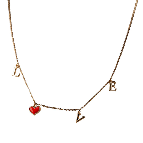 LOVE Charm Necklace in 925 Sterling Silver with Rose Gold Finish & Red Heart