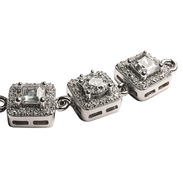 925 Sterling Silver Triple Square Halo CZ Bracelet