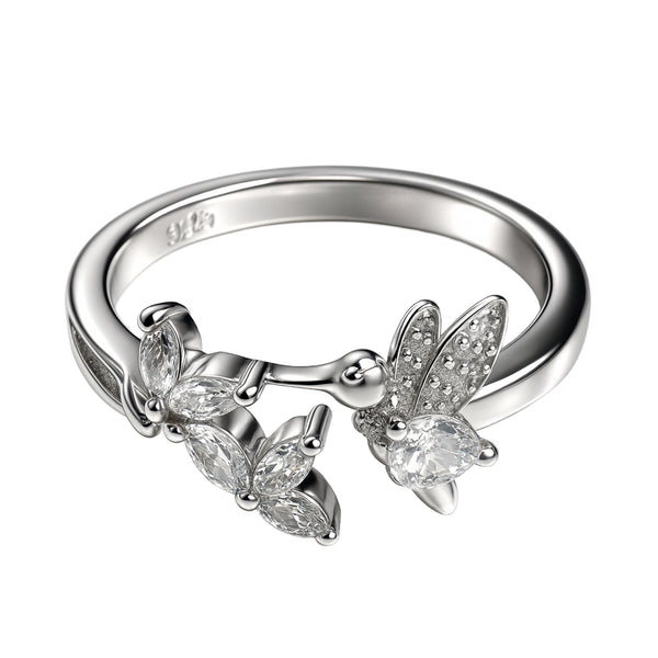 925 Sterling Silver Dragonfly and Floral Ring