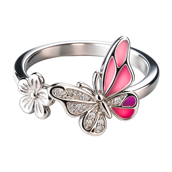 925 Sterling Silver Pink Butterfly and Flower Ring