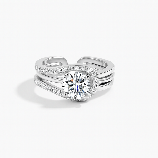 Silver ring with a large diamond on a white background