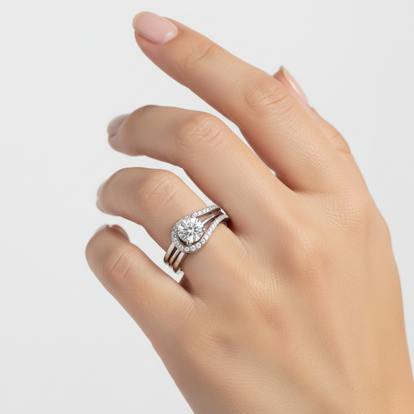 925 Sterling Silver Adjustable 2-in-1 Solitaire & CZ Wave Band Ring Set | Stackable Modular Ring for Women