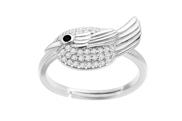 925 Sterling Silver Bird Design Ring for Women – CZ-Studded Adjustable Ring with Black Stone Eye & Wing Detailing