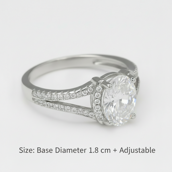 Silver ring with a large diamond and smaller diamonds on a light gray background