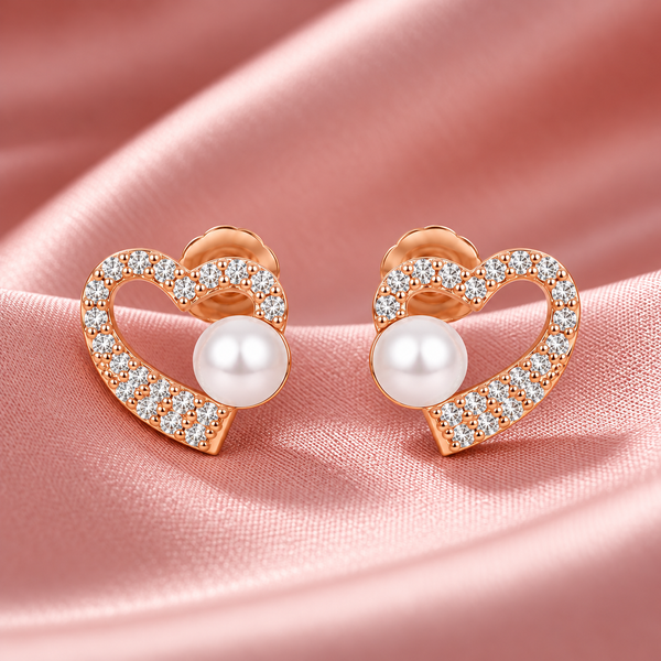 Heart & Pearl Stud Earrings | Pure 925 Silver Rose Gold Finish BIS Hallmarked | Tavshan