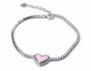 Silver bracelet with a pink heart charm on a light gray background