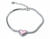 Silver bracelet with a pink heart charm on a light gray background