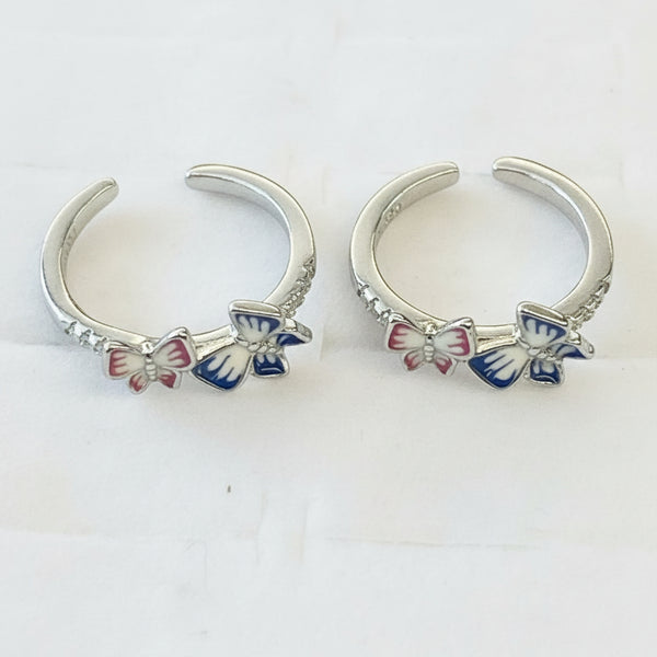925 Sterling Silver Dual Butterfly Adjustable Toe Ring | Blue & Pink Enamel Silver Bichiya for Women
