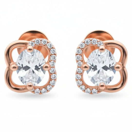 925 Sterling Silver Rose Gold Clover Stud Earrings with Cubic Zirconia | South Screw Back | Elegant Everyday Jewelry - Tavshan