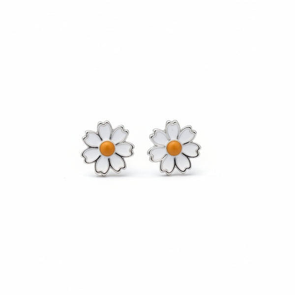 925 Sterling Silver Daisy Flower Stud Earrings with White Enamel & Yellow Center | South Screw Back | Cute Everyday Jewelry - Tavshan