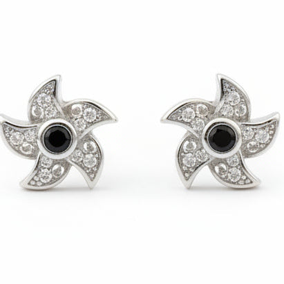 925 Sterling Silver Pinwheel Stud Earrings with Black Onyx & Cubic Zirconia | South Screw Back | Everyday Elegant Jewelry - Tavshan
