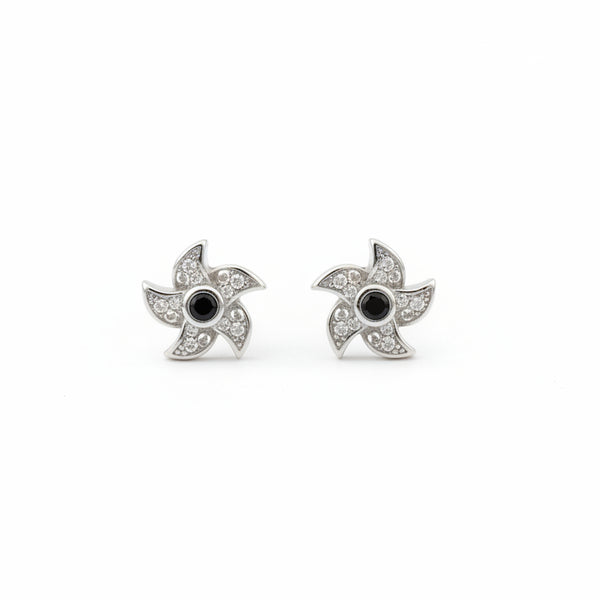 925 Sterling Silver Pinwheel Stud Earrings with Black Onyx & Cubic Zirconia | South Screw Back | Everyday Elegant Jewelry - Tavshan