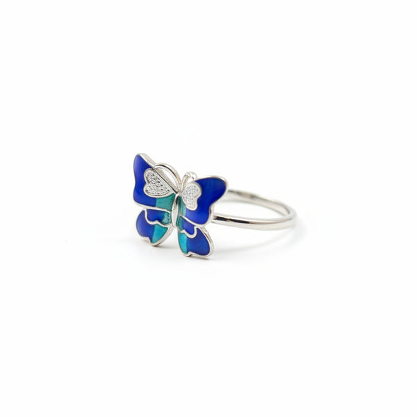 925 Sterling Silver Blue Enamel Butterfly Ring for Women & Girls