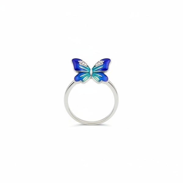 925 Sterling Silver Blue Enamel Butterfly Ring for Women & Girls