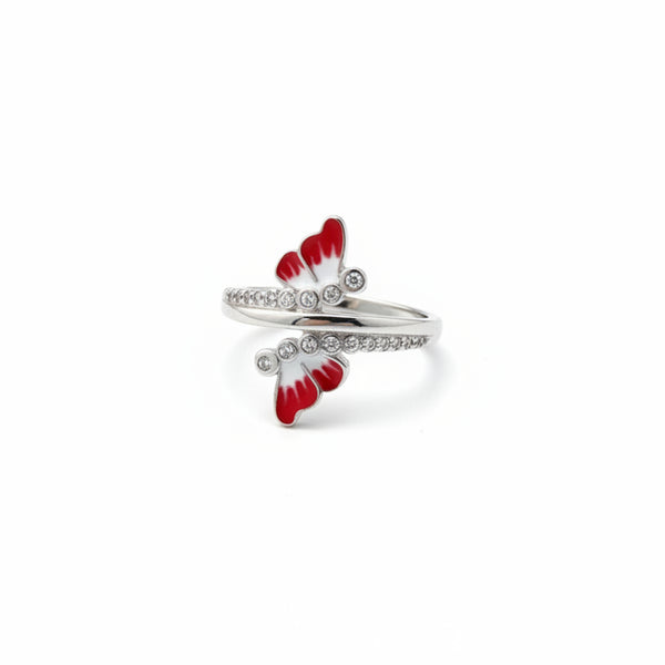 925 Sterling Silver Red Enamel Butterfly Open Ring with Cubic Zirconia – Adjustable Wrap Style