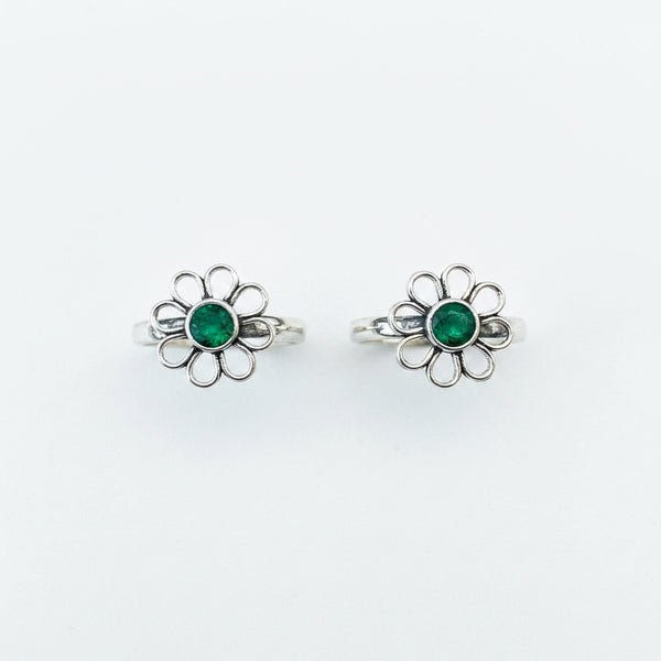925 Sterling Silver Oxidised Floral Toe Ring with Green Stone | BIS Hallmarkedadjustable Bichiya Pair