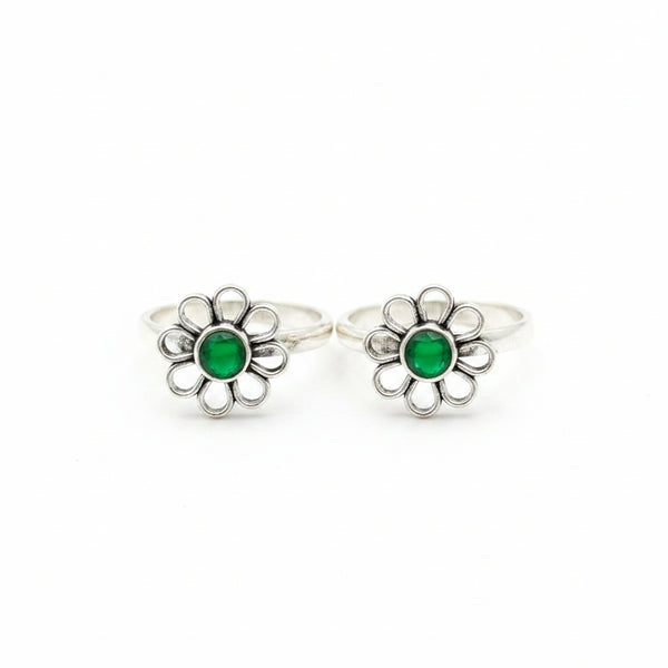 925 Sterling Silver Oxidised Floral Toe Ring with Green Stone | BIS Hallmarkedadjustable Bichiya Pair