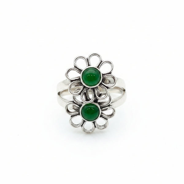 925 Sterling Silver Oxidised Floral Toe Ring with Green Stone | BIS Hallmarkedadjustable Bichiya Pair