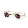 925 Sterling Silver Oxidised Floral Toe Ring with Ruby Stone | BIS Hallmarked adjustable Bichiya Pair