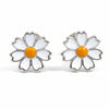 Daisy-shaped earrings with white petals and a yellow center on a white background
