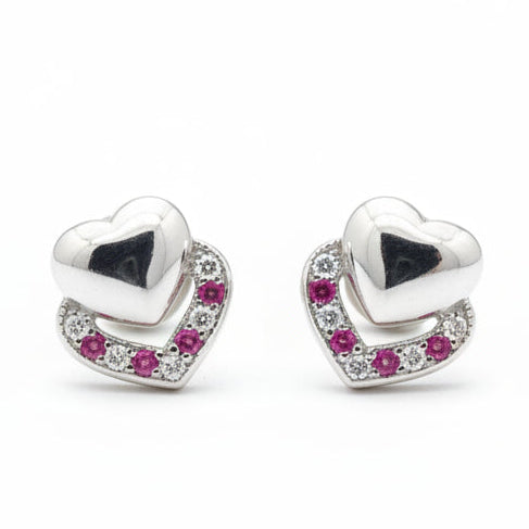 925 Sterling Silver Double Heart Stud Earrings with Pink & White Cubic Zirconia | South Screw Back | Romantic Everyday Jewelry - Tavshan