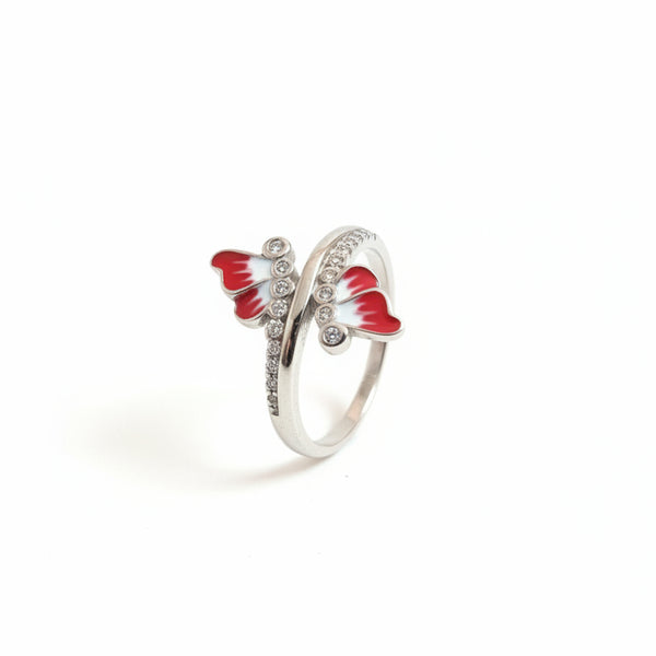 925 Sterling Silver Red Enamel Butterfly Open Ring with Cubic Zirconia – Adjustable Wrap Style