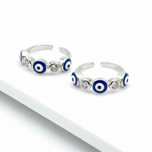 925 Sterling Silver Evil Eye CZ Toe Rings | Blue Nazar Bichiya Pair | Tavshan