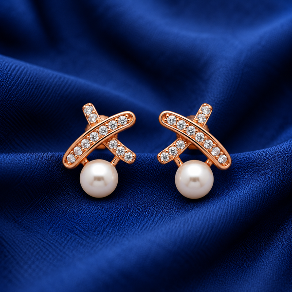 CZ X Bar Pearl Stud Earrings | Pure 925 Silver Rose Gold Finish BIS Hallmarked | Tavshan