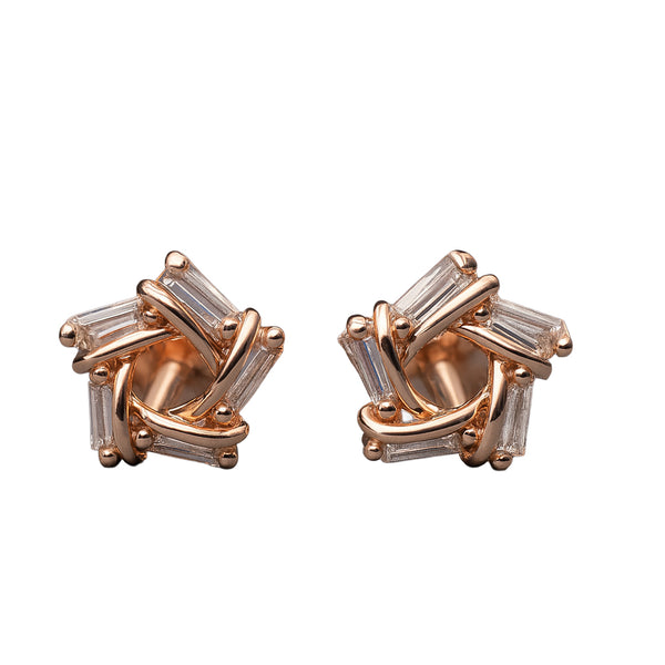 Rose Gold Knot Stud Earrings with Baguette Zircon - 925 Sterling Silver
