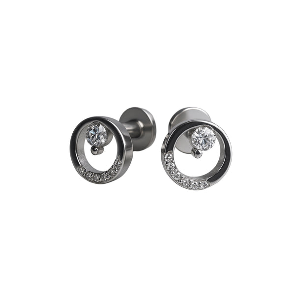 925 Sterling Silver Circle Stud Earrings with Central Zircon & Pavé Detailing