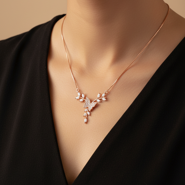 CZ Butterfly Branch Pendant Necklace | Pure 925 Silver Rose Gold Finish BIS Hallmarked | Tavshan