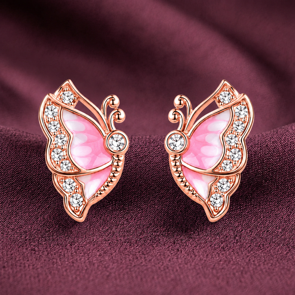 Pure 925 Silver Pink MOP Butterfly Studs | Pure 925 Silver Rose Gold Finish BIS Hallmarked | Tavshan