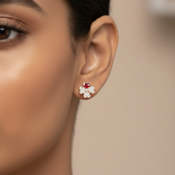 CZ Four Leaf Clover Enamel Heart Stud Earrings | Pure 925 Silver Rose Gold Finish BIS Hallmarked | Tavshan