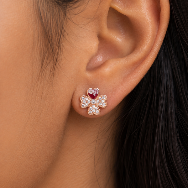 Pure 925 Silver Clover Heart Enamel Studs | Pure 925 Silver Rose Gold Finish BIS Hallmarked | Tavshan