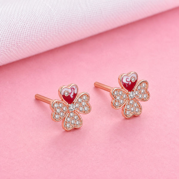 Pure 925 Silver Clover Heart Enamel Studs | Pure 925 Silver Rose Gold Finish BIS Hallmarked | Tavshan