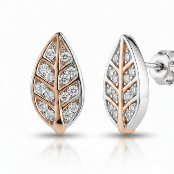 CZ Leaf Stud Earrings - Low Angle