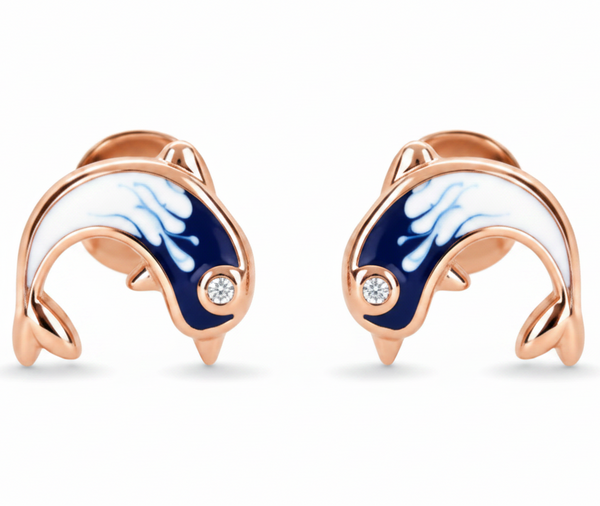 Dolphin Enamel Stud Earrings | Pure 925 Silver Rose Gold Finish BIS Hallmarked | Tavshan