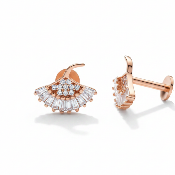 CZ Fan Stud Earrings | Pure 925 Silver Rose Gold Finish BIS Hallmarked | Tavshan